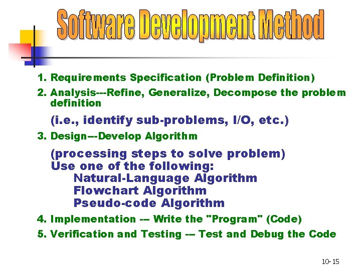 1. Requirements Specification (Problem Definition) 2. Analysis---Refine, Generalize, Decompose the problem definition (i. e.