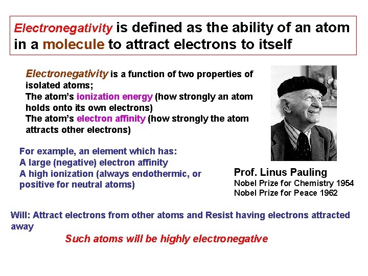 Electronegativity is defined as the ability of an atom in a molecule to attract