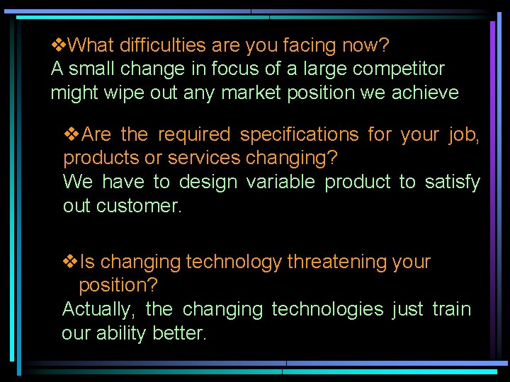 v. What difficulties are you facing now? A small change in focus of a