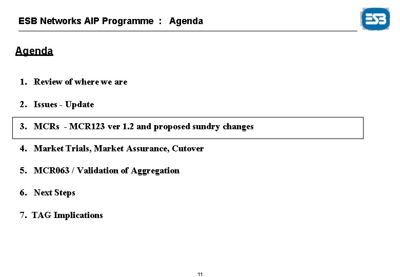 ESB Networks AIP Programme : Agenda 1. Review of where we are 2. Issues