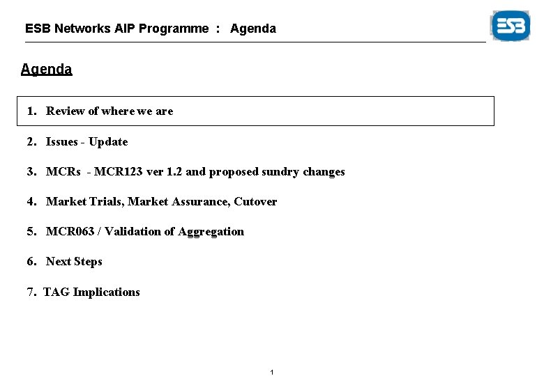 ESB Networks AIP Programme : Agenda 1. Review of where we are 2. Issues