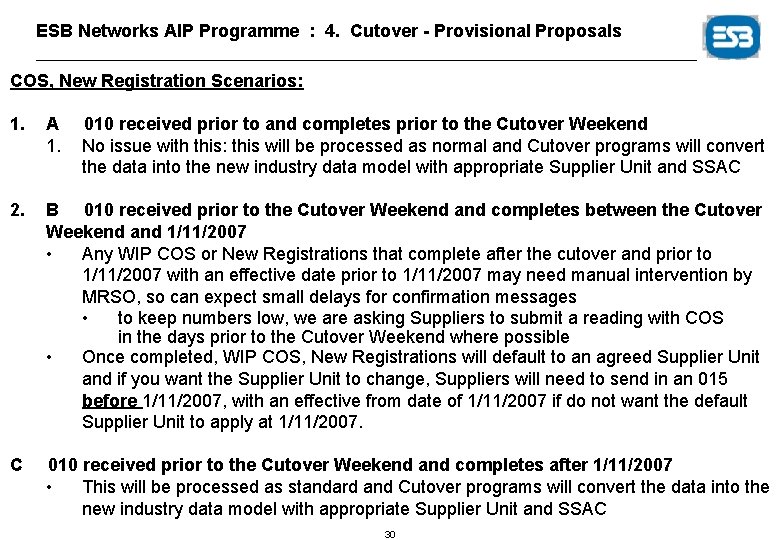 ESB Networks AIP Programme : 4. Cutover - Provisional Proposals COS, New Registration Scenarios: