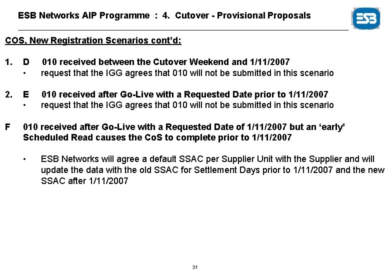 ESB Networks AIP Programme : 4. Cutover - Provisional Proposals COS, New Registration Scenarios