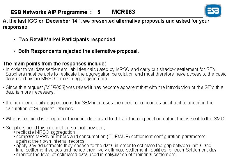 ESB Networks AIP Programme : 5 MCR 063 At the last IGG on December