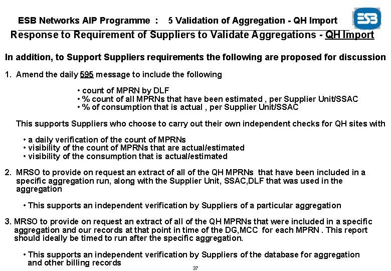 ESB Networks AIP Programme : 5 Validation of Aggregation - QH Import Response to
