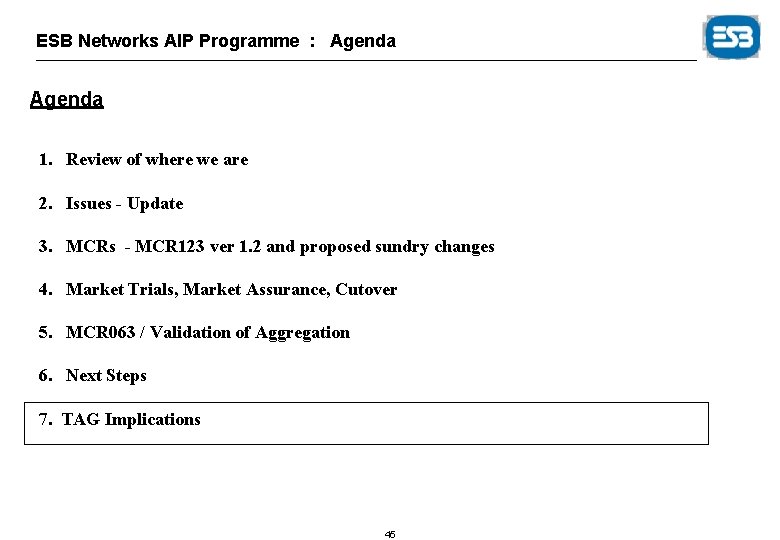 ESB Networks AIP Programme : Agenda 1. Review of where we are 2. Issues