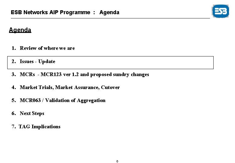 ESB Networks AIP Programme : Agenda 1. Review of where we are 2. Issues