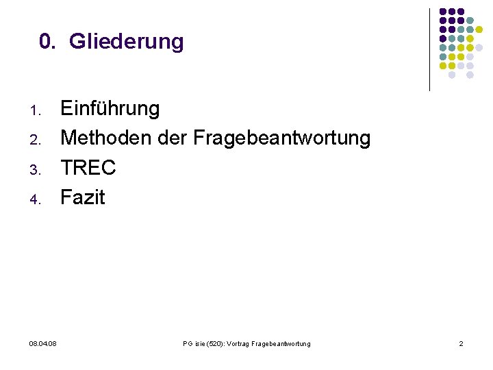 0. Gliederung 1. 2. 3. 4. 08. 04. 08 Einführung Methoden der Fragebeantwortung TREC