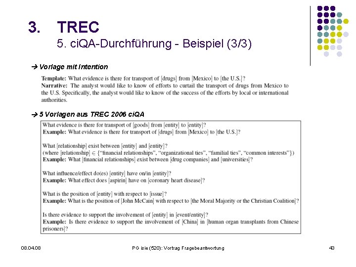 3. TREC 5. ci. QA-Durchführung - Beispiel (3/3) Vorlage mit Intention 5 Vorlagen aus