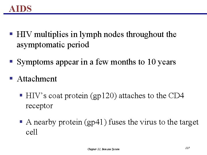 AIDS § HIV multiplies in lymph nodes throughout the asymptomatic period § Symptoms appear