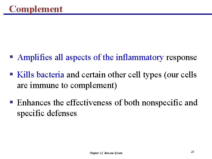 Complement § Amplifies all aspects of the inflammatory response § Kills bacteria and certain