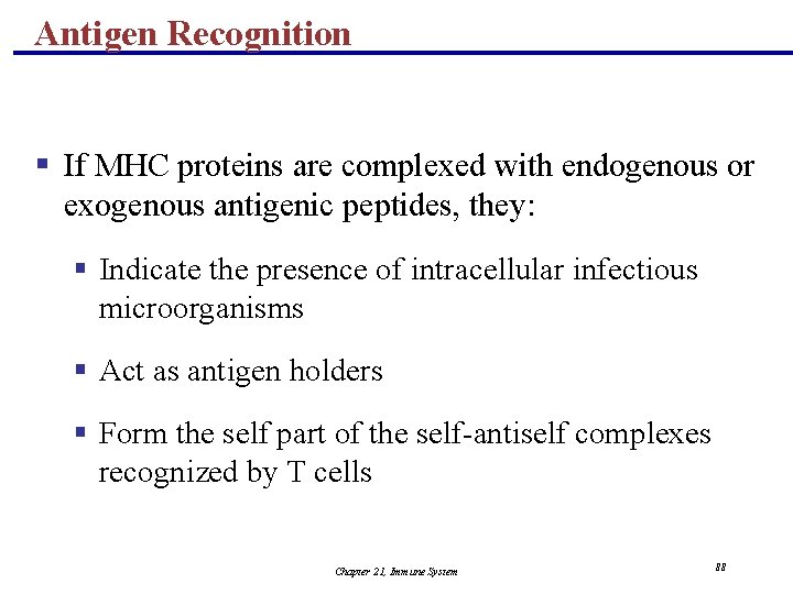 Antigen Recognition § If MHC proteins are complexed with endogenous or exogenous antigenic peptides,