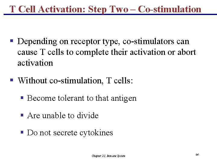 T Cell Activation: Step Two – Co-stimulation § Depending on receptor type, co-stimulators can