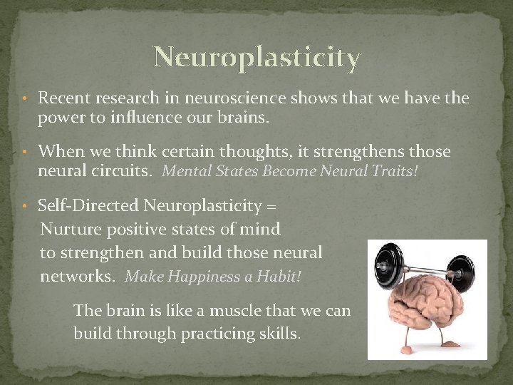 Neuroplasticity • Recent research in neuroscience shows that we have the power to influence