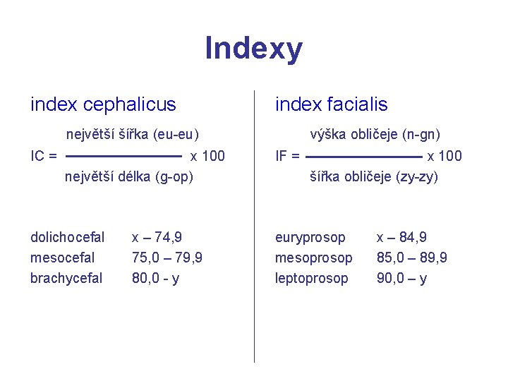 Indexy index cephalicus index facialis největší šířka (eu-eu) IC = x 100 největší délka
