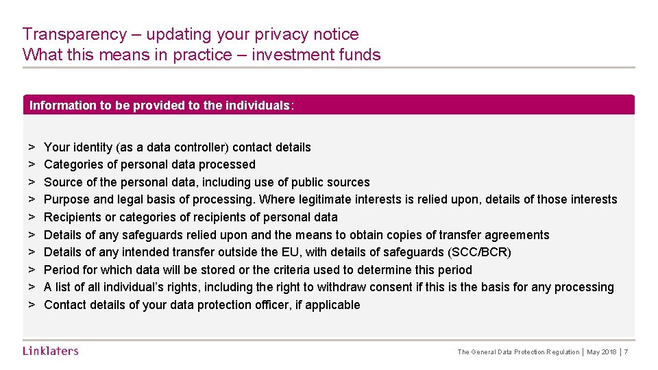 Transparency – updating your privacy notice What this means in practice – investment funds