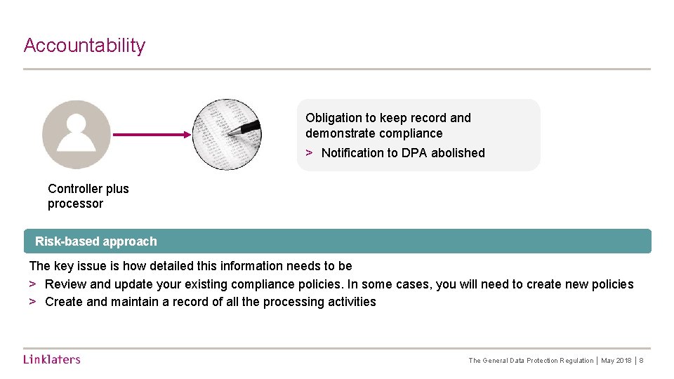 Accountability Obligation to keep record and demonstrate compliance > Notification to DPA abolished Controller