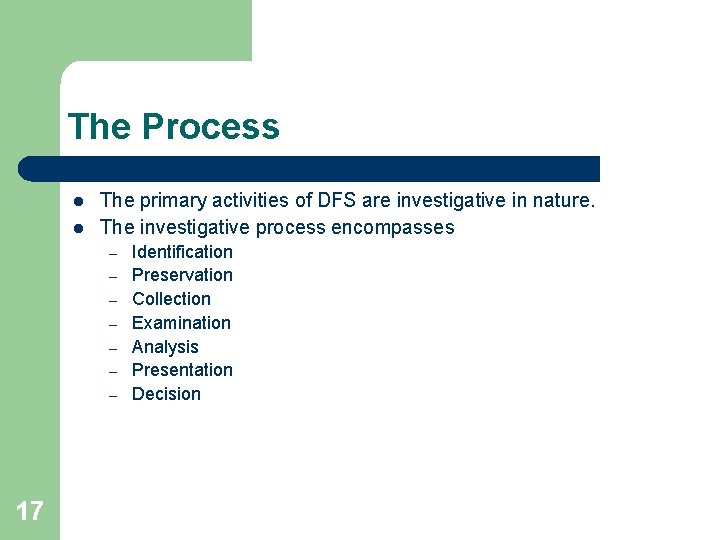 The Process l l The primary activities of DFS are investigative in nature. The