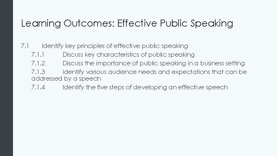 Learning Outcomes: Effective Public Speaking 7. 1 Identify key principles of effective public speaking