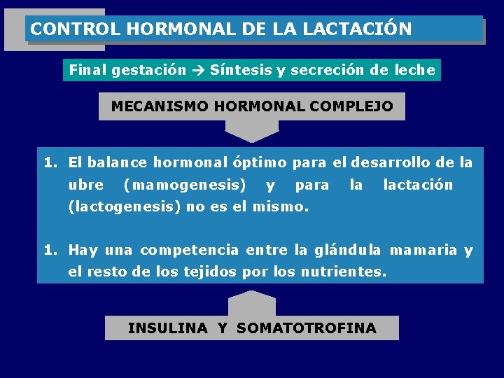 CONTROL HORMONAL DE LA LACTACIÓN Final gestación Síntesis y secreción de leche MECANISMO HORMONAL