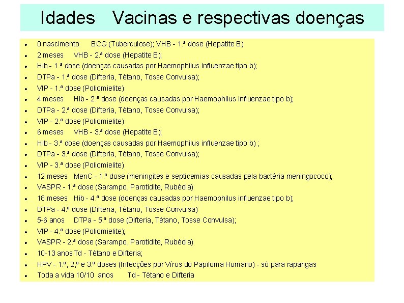Idades Vacinas e respectivas doenças 0 nascimento BCG (Tuberculose); VHB - 1. ª dose
