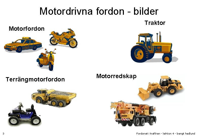 Motordrivna fordon - bilder Traktor Motorfordon Terrängmotorfordon 3 Motorredskap Fordonet i trafiken - lektion