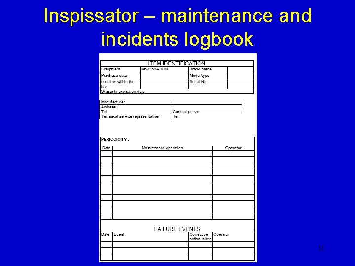 Inspissator – maintenance and incidents logbook 51 Inspissator – maintenance and incidents logbook 51