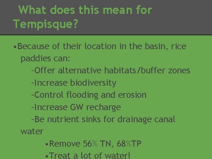 What does this mean for Tempisque? • Because of their location in the basin,