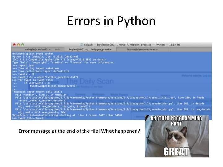 Errors in Python Error message at the end of the file! What happened? 