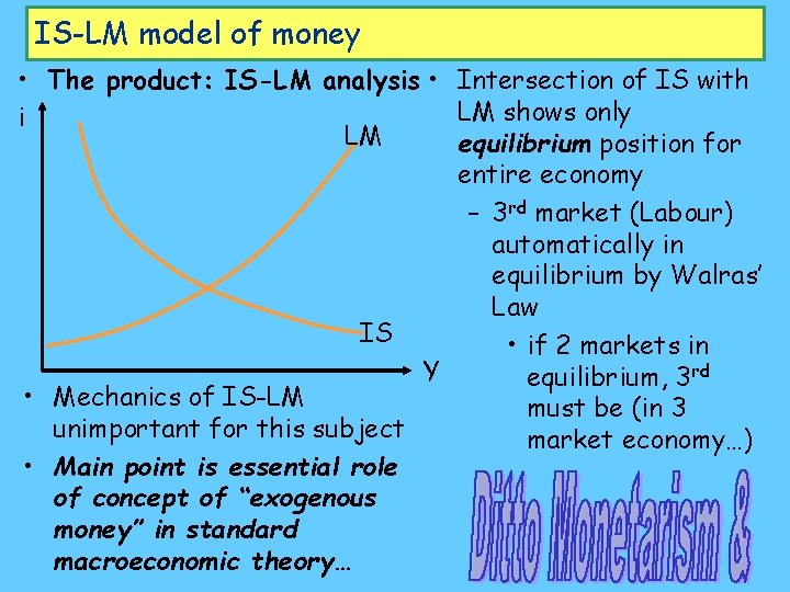 IS-LM model of money • The product: IS-LM analysis • Intersection of IS with