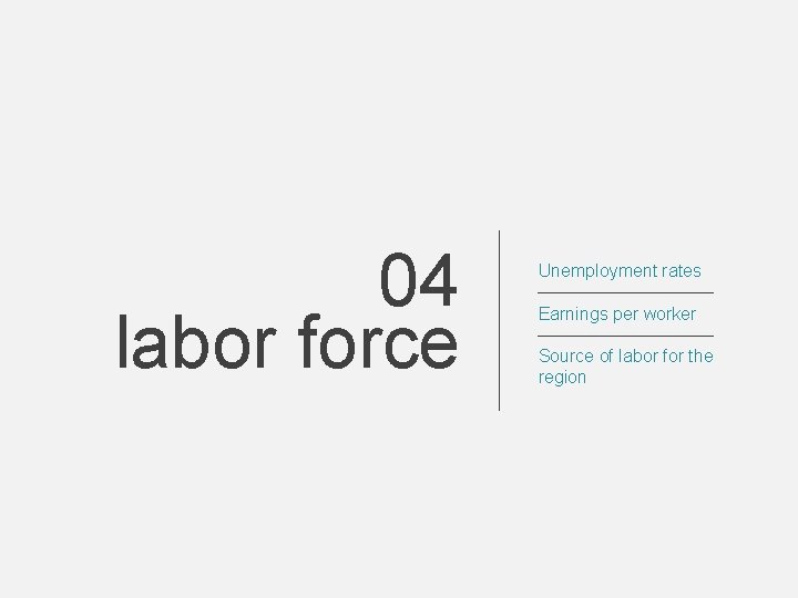 04 labor force Unemployment rates Earnings per worker Source of labor for the region