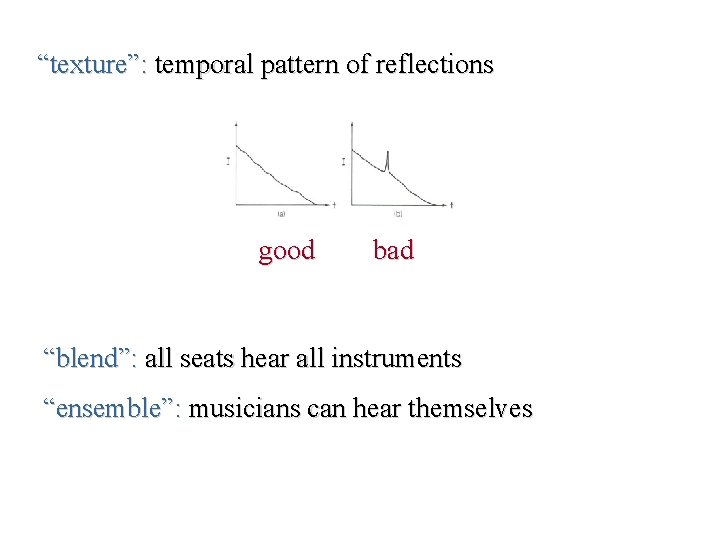 “texture”: temporal pattern of reflections good bad “blend”: all seats hear all instruments “ensemble”: