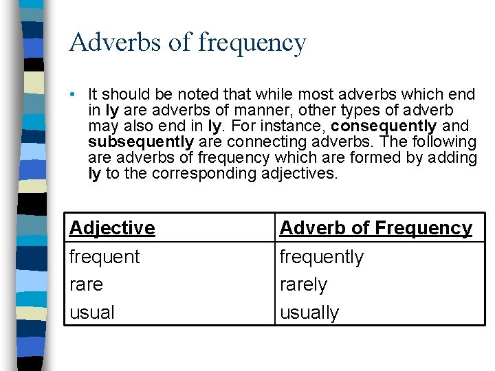 Adverbs of frequency • It should be noted that while most adverbs which end