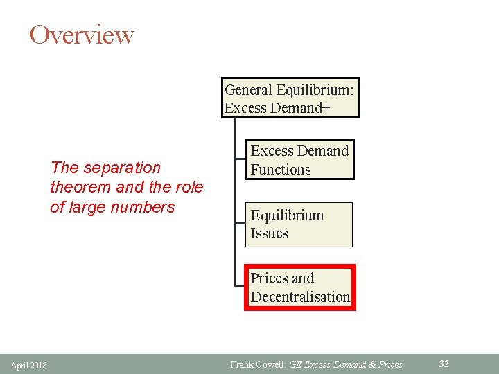 Overview General Equilibrium: Excess Demand+ The separation theorem and the role of large numbers