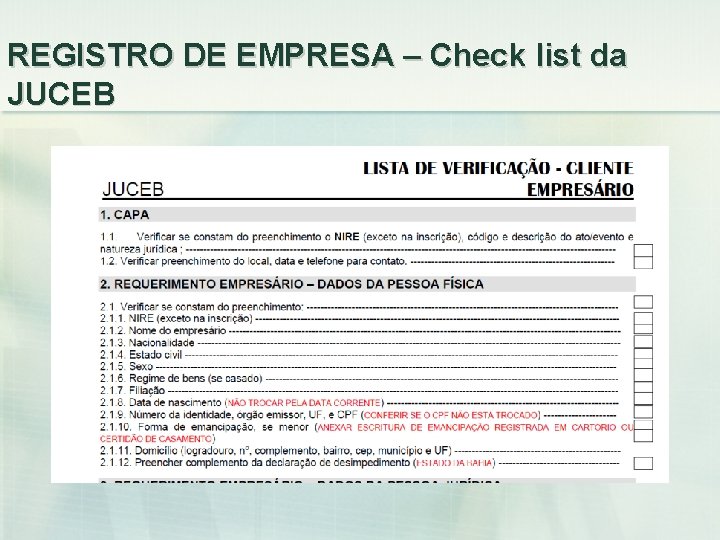 REGISTRO DE EMPRESA – Check list da JUCEB 