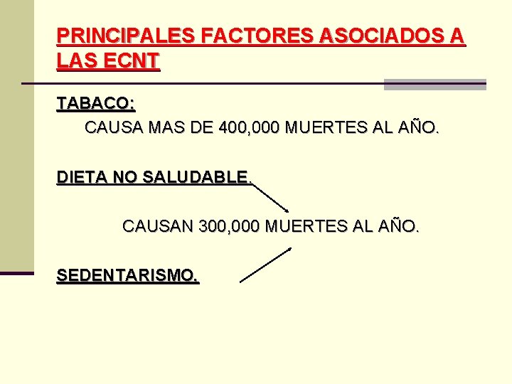 PRINCIPALES FACTORES ASOCIADOS A LAS ECNT TABACO: CAUSA MAS DE 400, 000 MUERTES AL