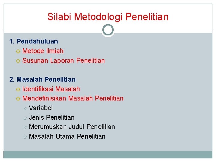 Silabi Metodologi Penelitian 1. Pendahuluan Metode Ilmiah Susunan Laporan Penelitian 2. Masalah Penelitian Identifikasi