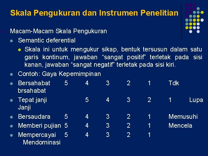 Skala Pengukuran dan Instrumen Penelitian l Macam-Macam Skala Pengukuran l Semantic deferential l Skala Skala Pengukuran dan Instrumen Penelitian l Macam-Macam Skala Pengukuran l Semantic deferential l Skala