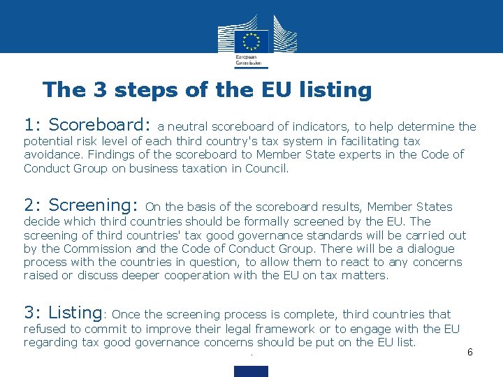 The 3 steps of the EU listing • 1: Scoreboard: a neutral scoreboard of