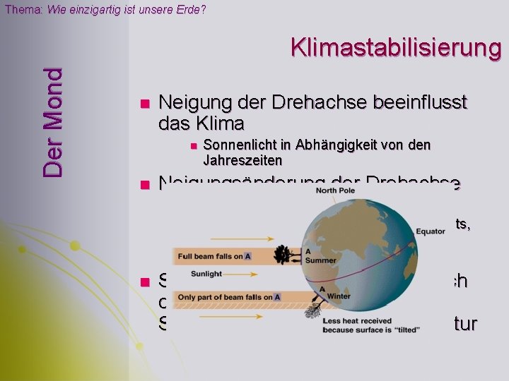 Thema: Wie einzigartig ist unsere Erde? Der Mond Klimastabilisierung n Neigung der Drehachse beeinflusst Thema: Wie einzigartig ist unsere Erde? Der Mond Klimastabilisierung n Neigung der Drehachse beeinflusst