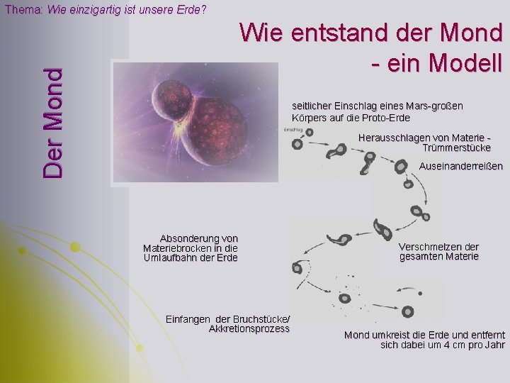 Thema: Wie einzigartig ist unsere Erde? Der Mond Wie entstand der Mond - ein Thema: Wie einzigartig ist unsere Erde? Der Mond Wie entstand der Mond - ein