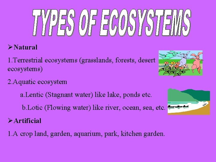 ØNatural 1. Terrestrial ecosystems (grasslands, forests, desert ecosystems) 2. Aquatic ecosystem a. Lentic (Stagnant