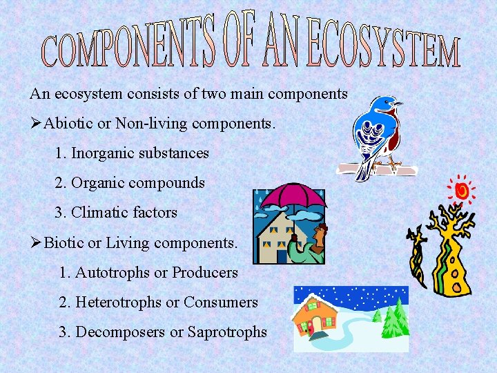 An ecosystem consists of two main components ØAbiotic or Non-living components. 1. Inorganic substances
