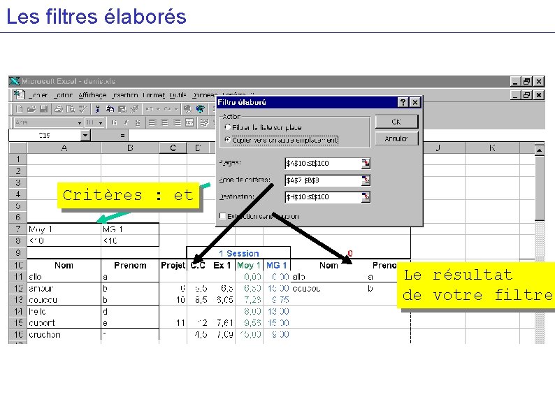 Les filtres élaborés Critères : et Le résultat de votre filtre 