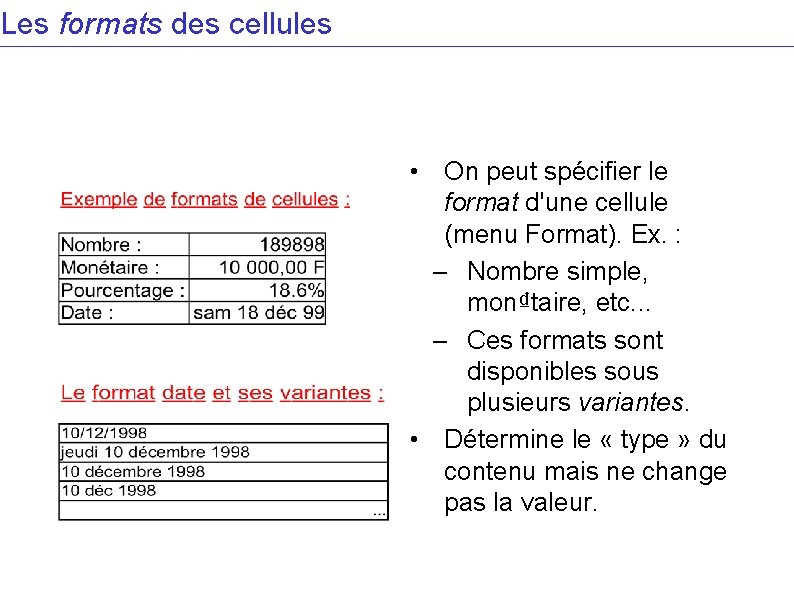 Les formats des cellules • On peut spécifier le format d'une cellule (menu Format).