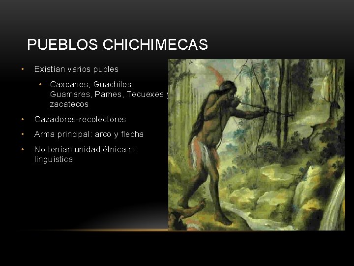 PUEBLOS CHICHIMECAS • Existían varios publes • Caxcanes, Guachiles, Guamares, Pames, Tecuexes y zacatecos