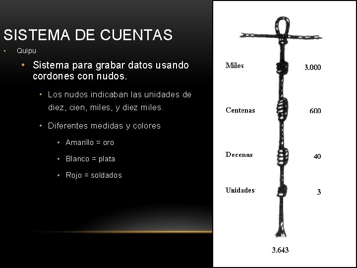 SISTEMA DE CUENTAS • Quipu • Sistema para grabar datos usando cordones con nudos.