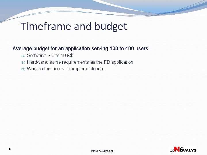 Timeframe and budget Average budget for an application serving 100 to 400 users Software: