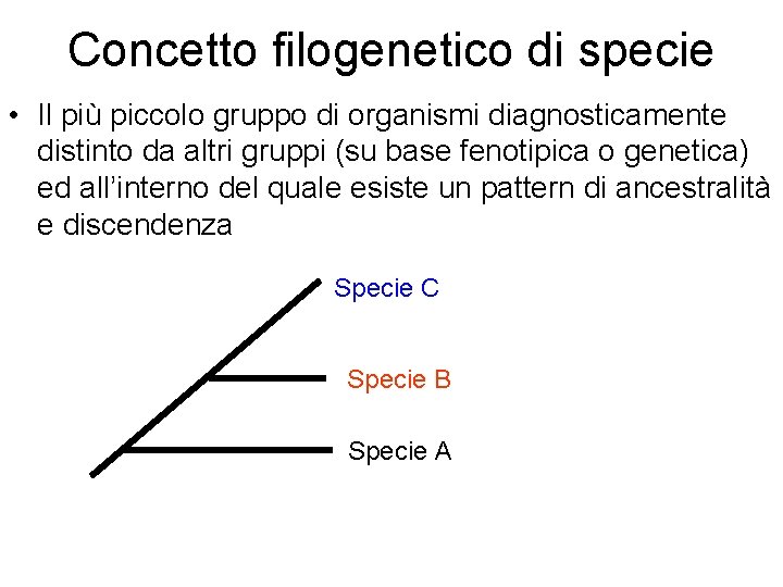 Concetto filogenetico di specie • Il più piccolo gruppo di organismi diagnosticamente distinto da