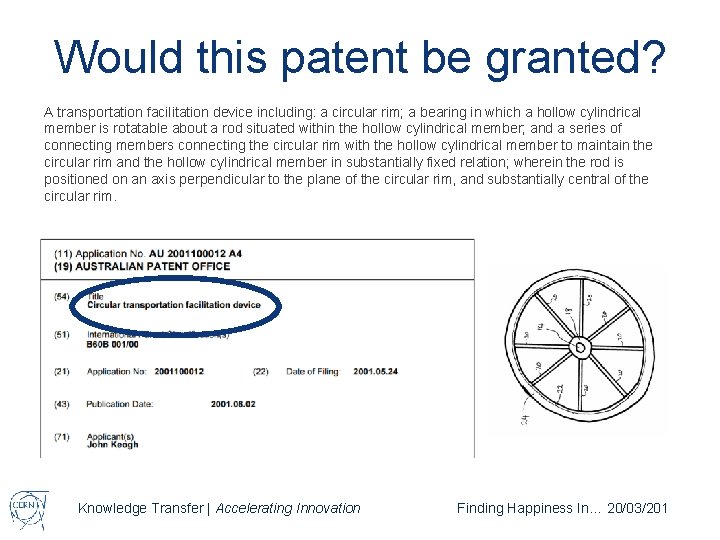 Would this patent be granted? A transportation facilitation device including: a circular rim; a